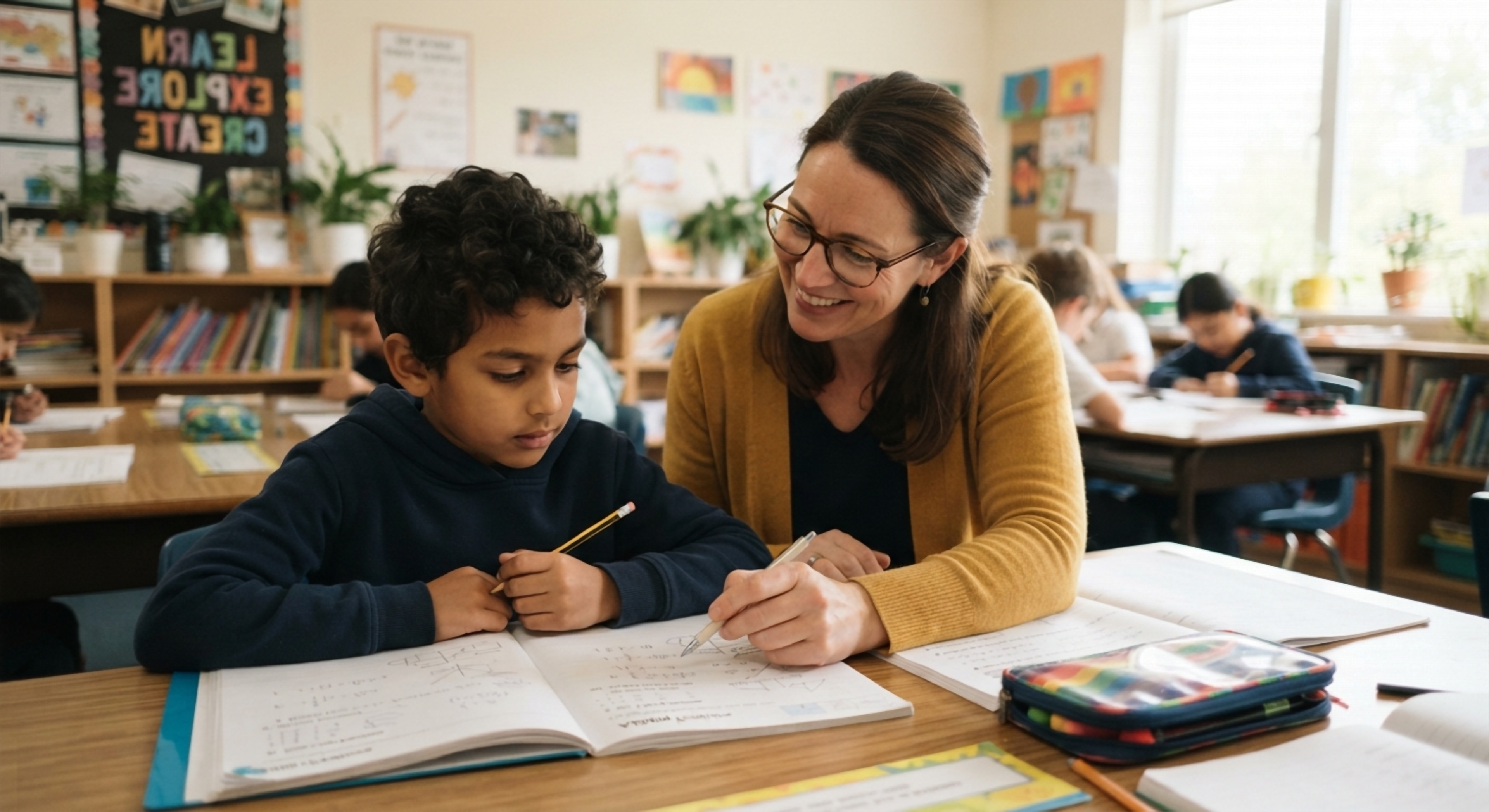 A teacher helping a student with a math worksheet at a classroom desk